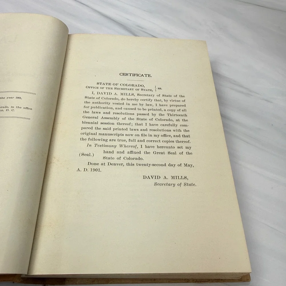 1901 Session Laws of Colorado 13th General Assembly Antique Law Book Hardcover
